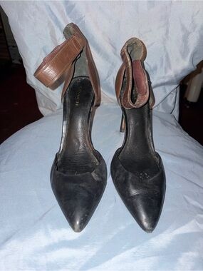 Coach Two-Tone Pointed Toe Ankle Strap Heels in Black and Brown